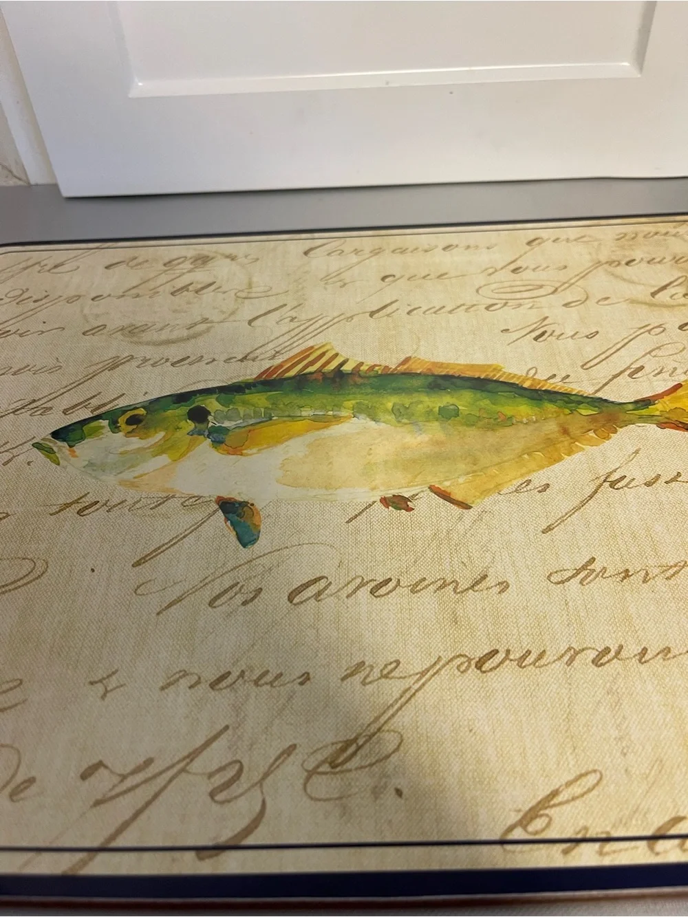 Williams Sonoma La Mer Cork Green Fish  Placemat Theme 16x12 Like New Blue Trim